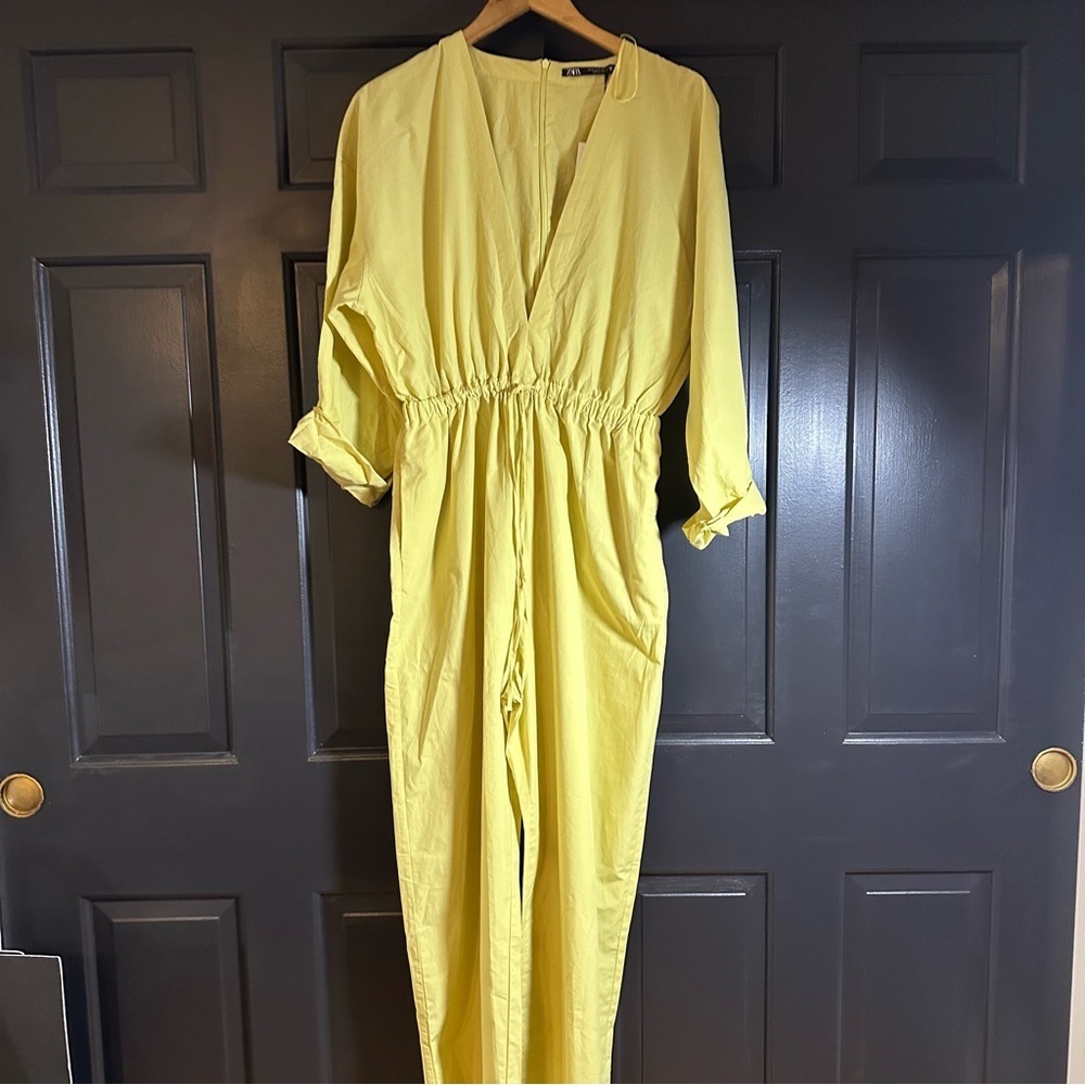 Zara Pale Yellow Long Sleeve Drawstring Jumpsuit - Picture 3 of 10